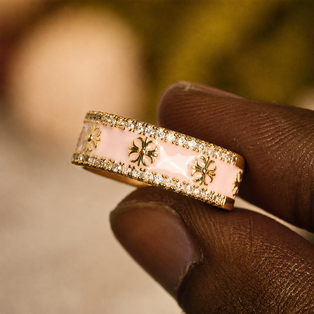 Zircon Cross Enamel Fleur-de-Lis Ring Set