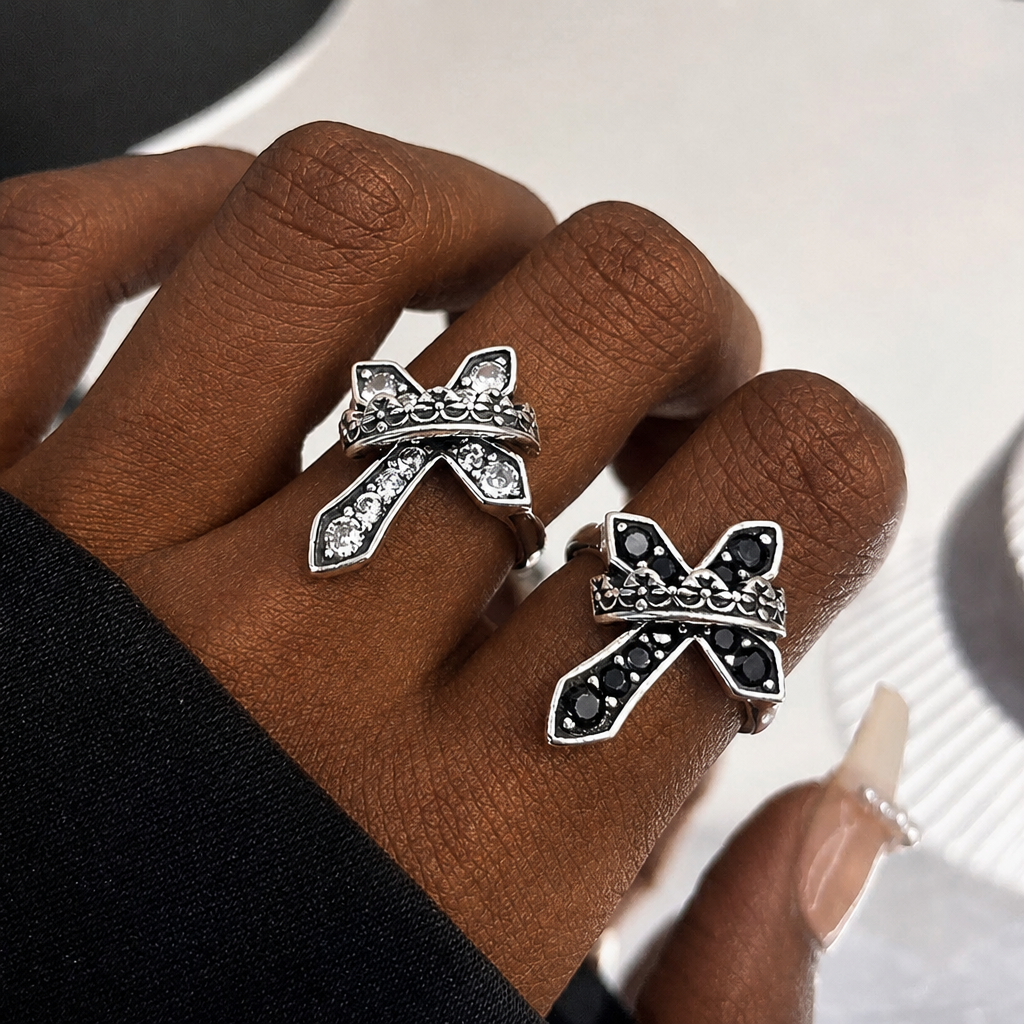 2colors Modern Ring with Cross & Regal Crown