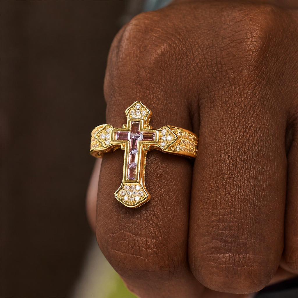 Central Cross Motif Ring with Cubic Zirconia Accents