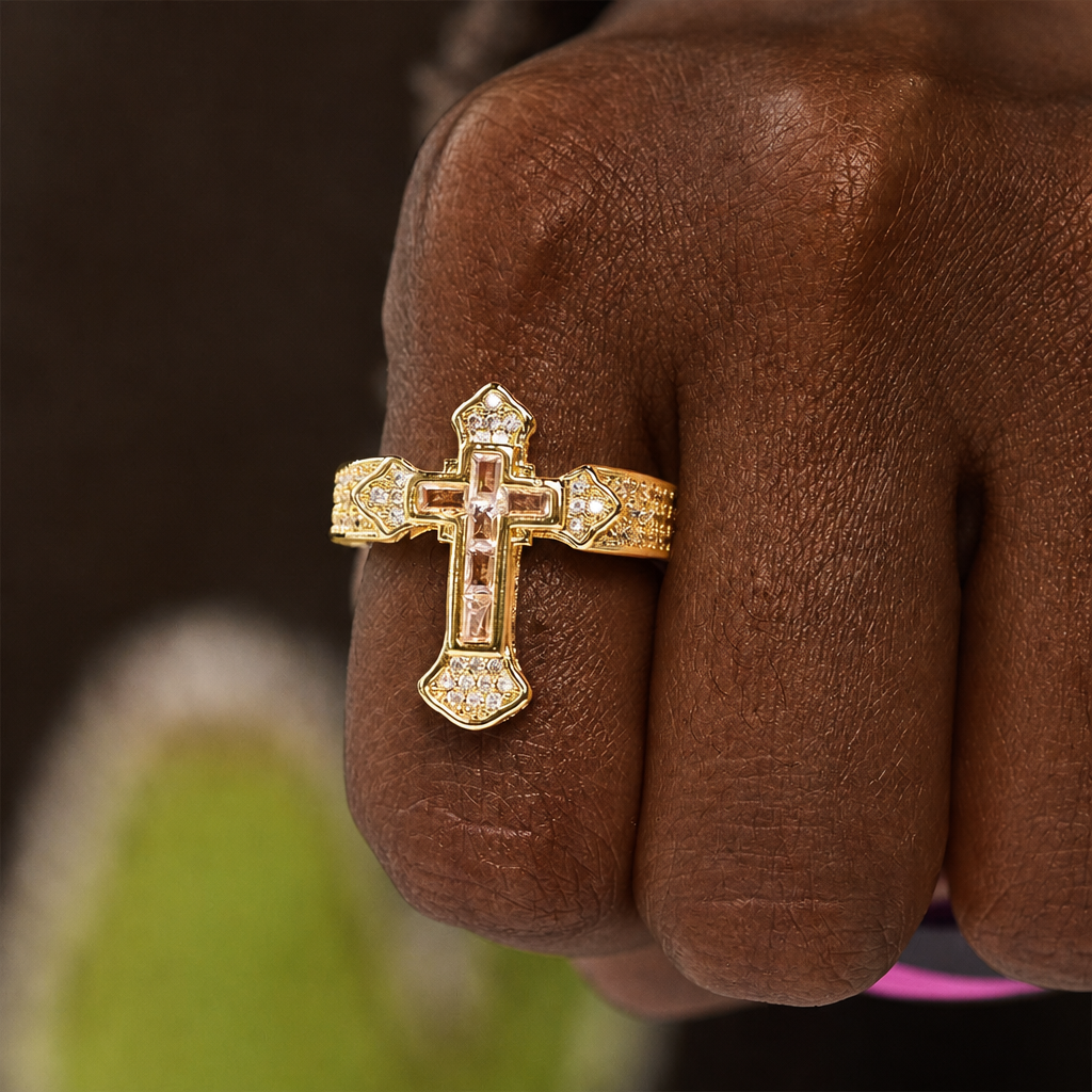 Central Cross Motif Ring with Cubic Zirconia Accents