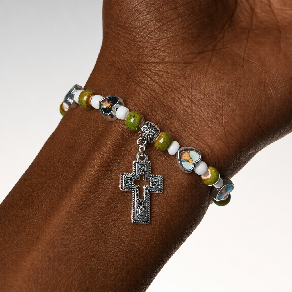 Colorful Glass & Ceramic Bead Bracelets with Cross and Saints Heart