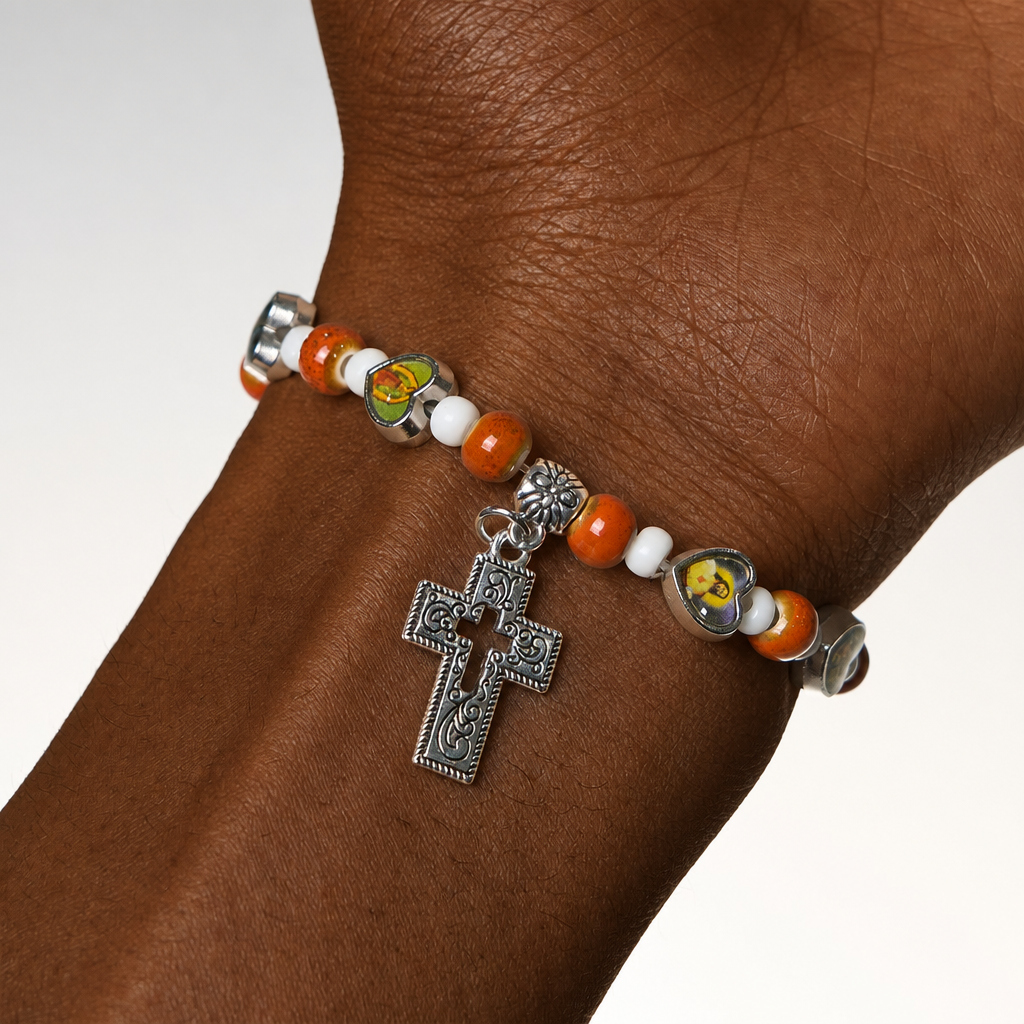 Colorful Glass & Ceramic Bead Bracelets with Cross and Saints Heart