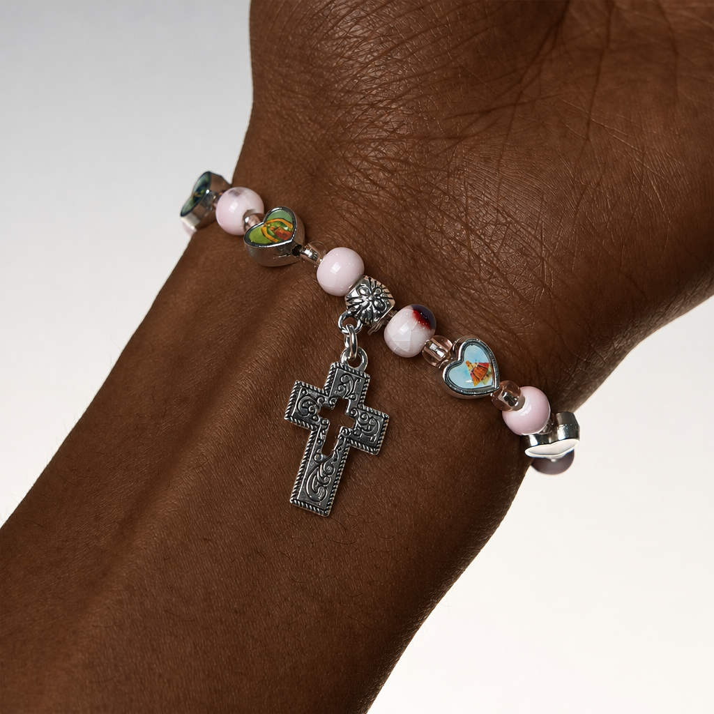 Colorful Glass & Ceramic Bead Bracelets with Cross and Saints Heart