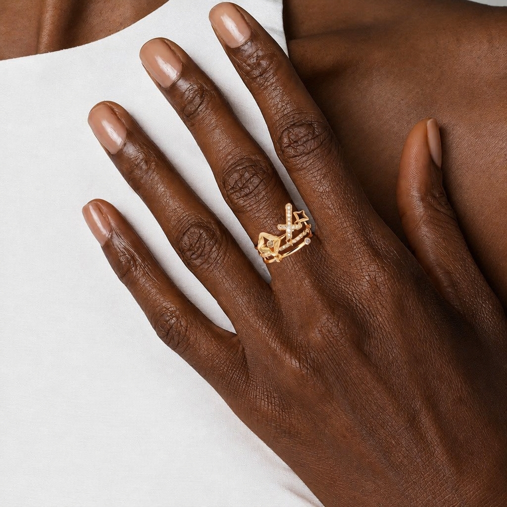 Shimmering Cross Charm Layered Band Ring