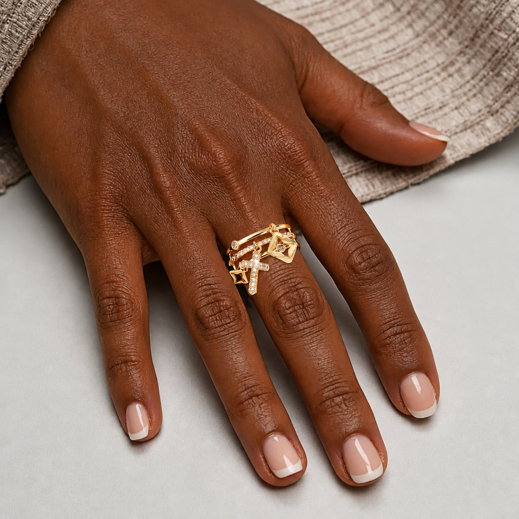 Shimmering Cross Charm Layered Band Ring