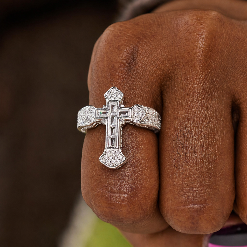 Central Cross Motif Ring with Cubic Zirconia Accents