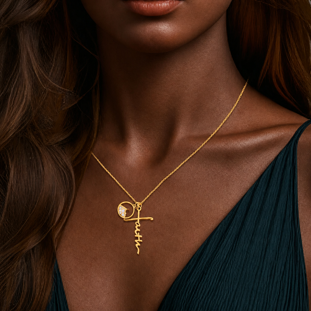 Faith Script Cross Mustard Seed Necklace