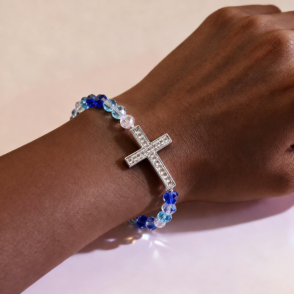 White & Peacock Blue Cross Bracelet