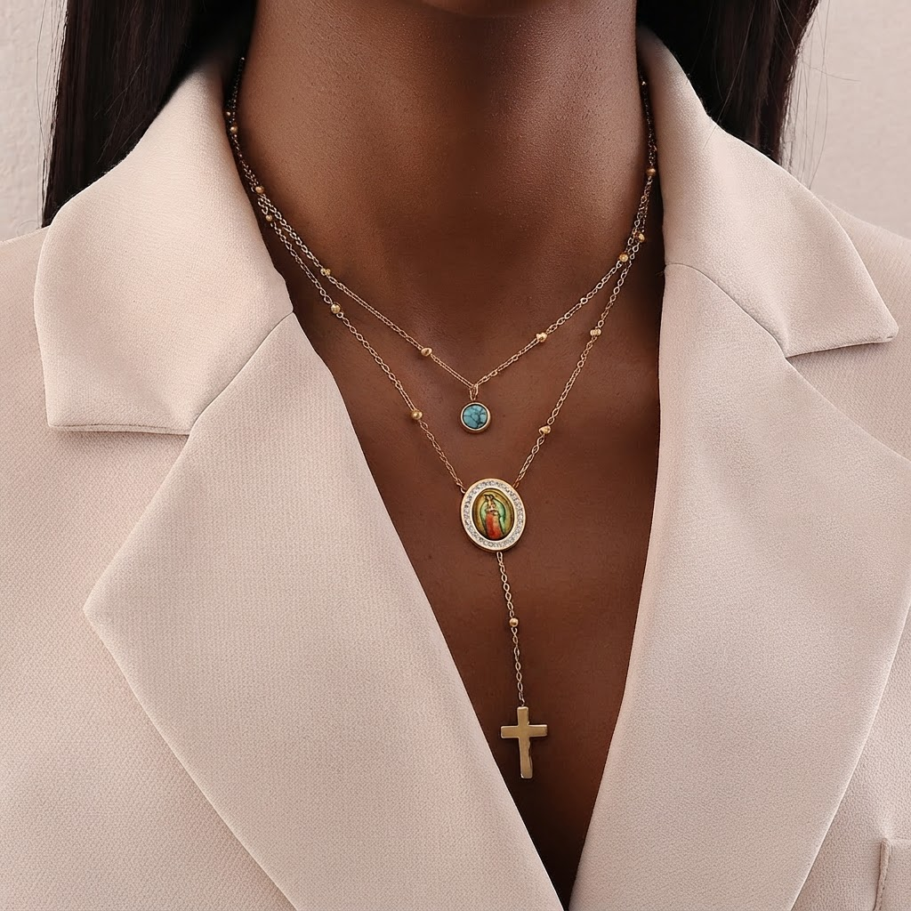 Minimalist Style Double Layered Our Lady of Guadalupe Turquoise Cross